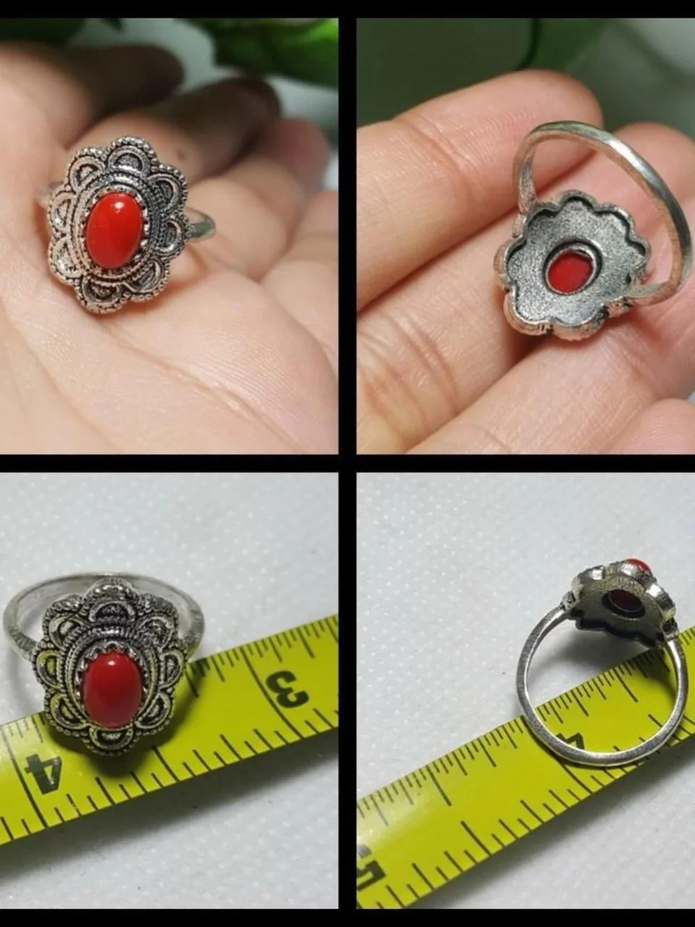 Vintage-Inspired 925 Silver Coral Floral Ring with Red Stone
